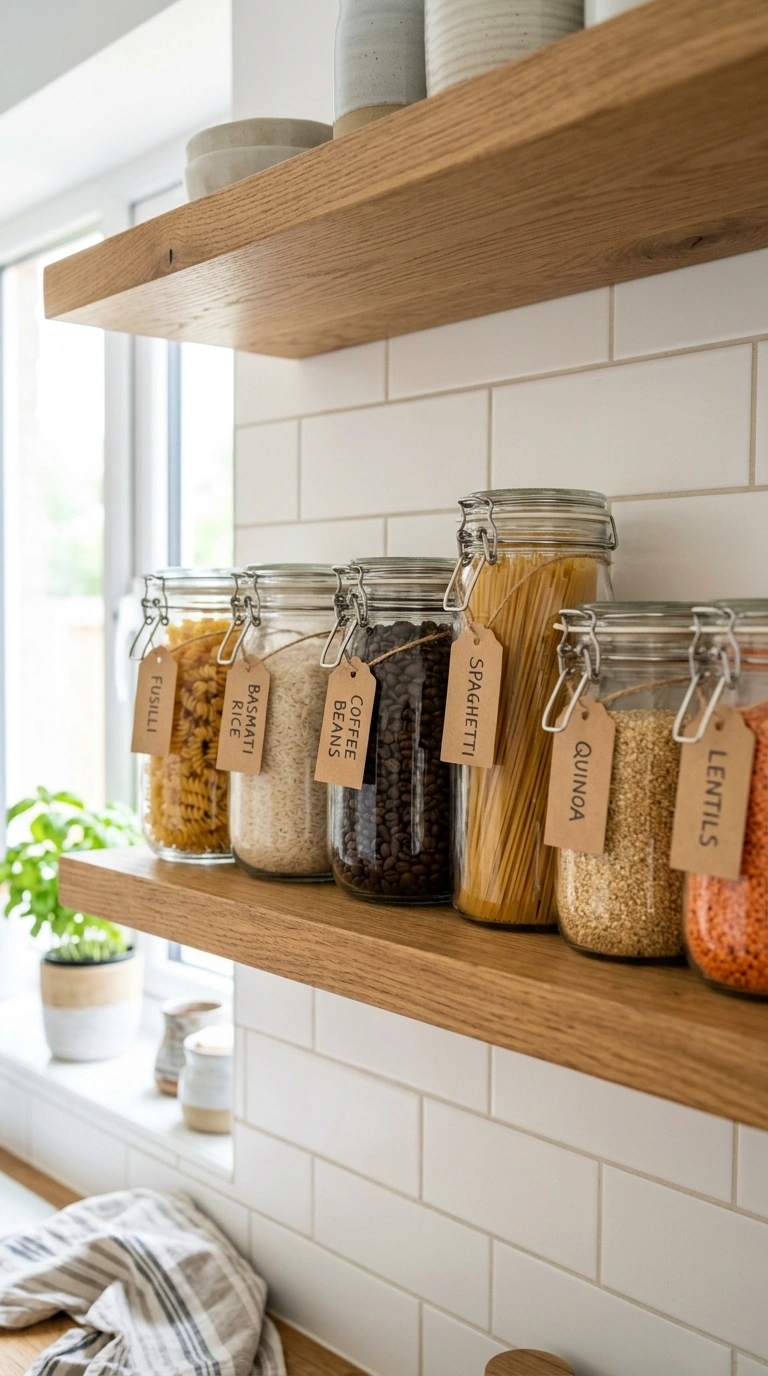 004 Glass Jar Display An open kitchen shelf lined with