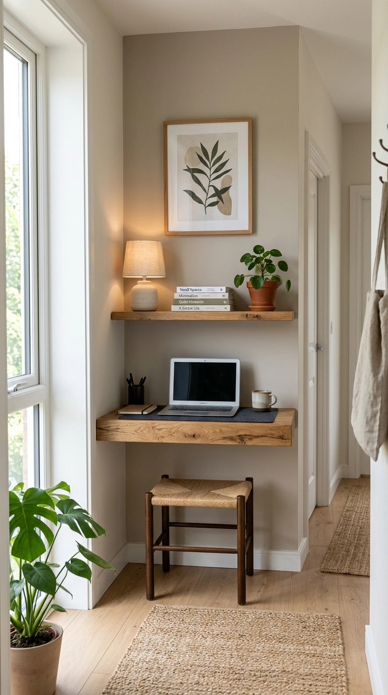 13 Cozy Office Corners for Small Homes 5 004 Hallway Ledge Desk A narrow floating wooden ledge