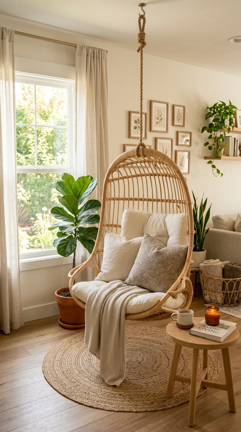 004 Hanging Chair Nook A woven rattan hanging chair wi