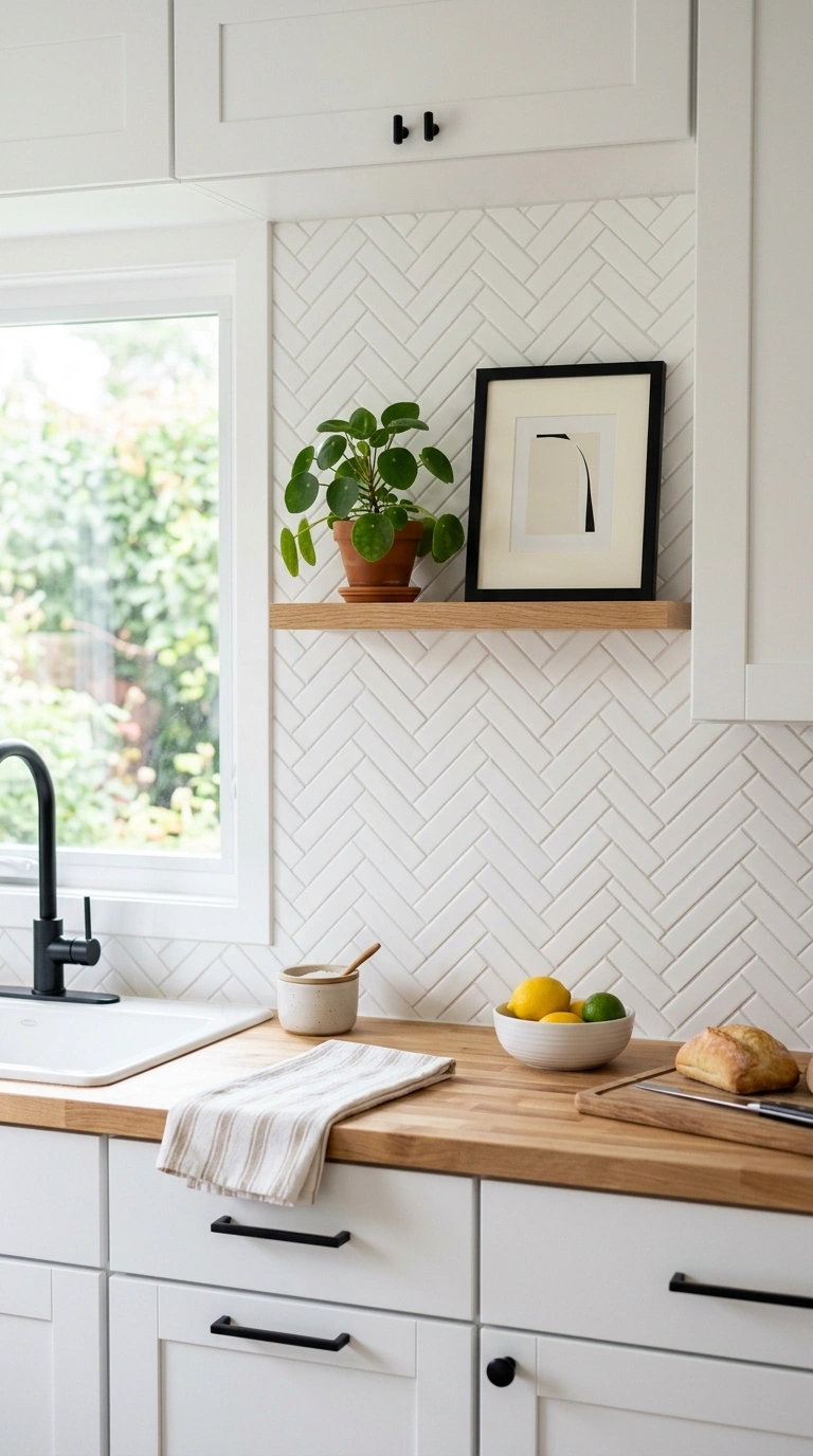 004 Herringbone Subway Tile A bright kitchen with whit
