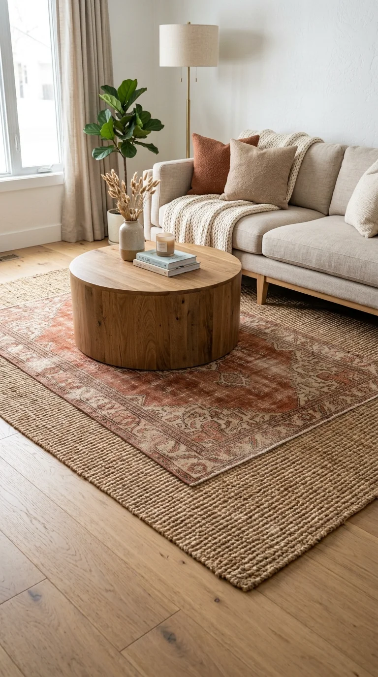 004 Jute Rug Layering A living room floor with a large