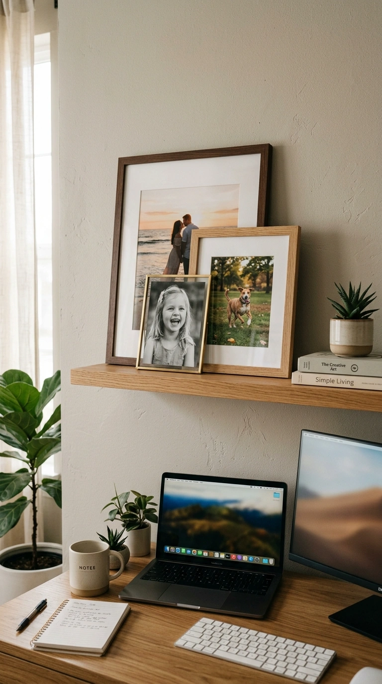 Office Shelf Styling Tips: 12 Easy Ideas 5 004 Layer Framed Photos A floating shelf above a desk