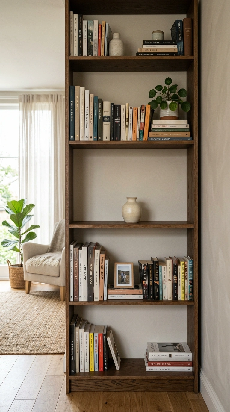 Living Room Shelves Styled Right: 19 Ideas 5 004 Negative Space Rule A tall bookcase in a bright li