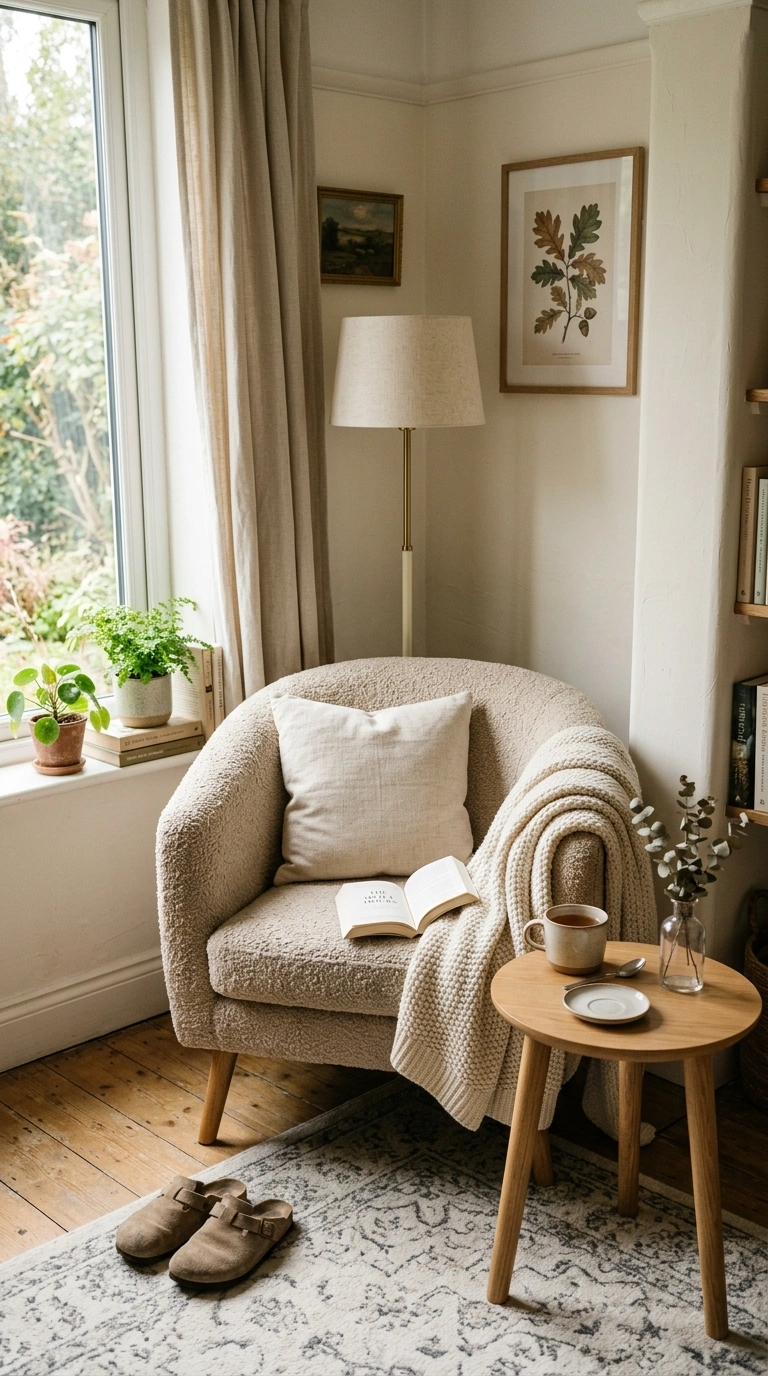 Neutral Bedrooms That Never Go Out of Style (15 Ideas) 5 004 Oatmeal Boucle Chair A cozy bedroom reading corner