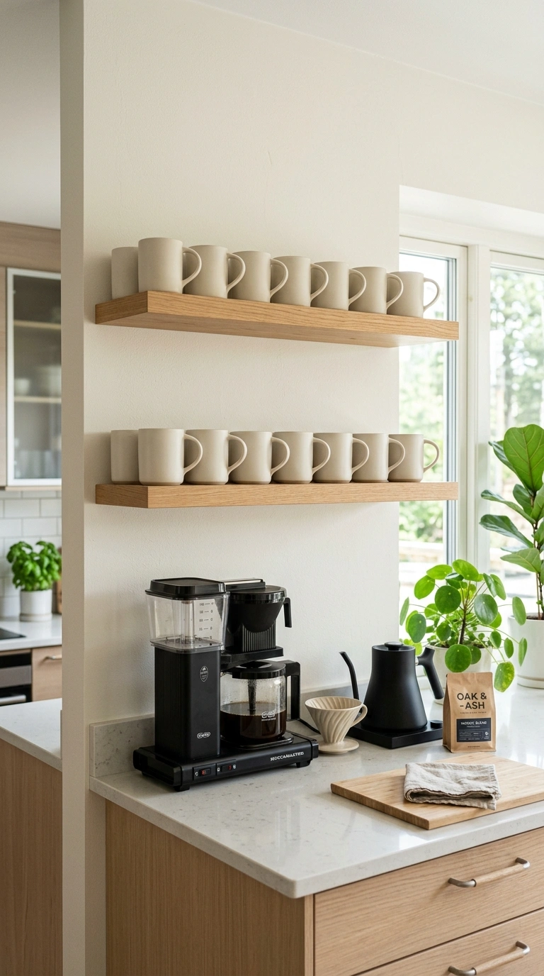 004 Open Shelf Mugs A kitchen wall with two shallow op