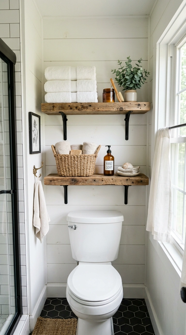 Farmhouse Bathrooms Done Right: 14 Inspiring Looks 5 004 Open Wood Shelving A farmhouse bathroom with two o