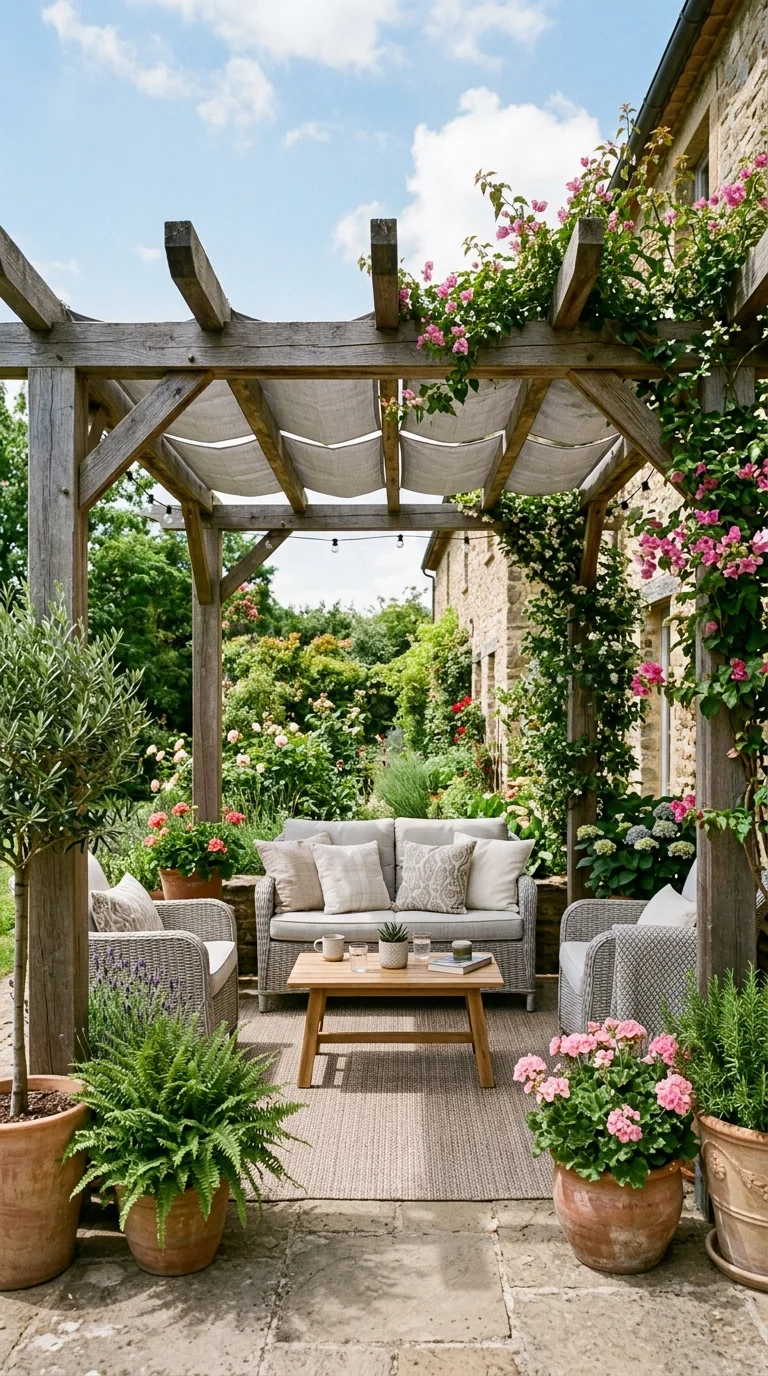 004 Shaded Pergola Lounge An open patio under a wooden