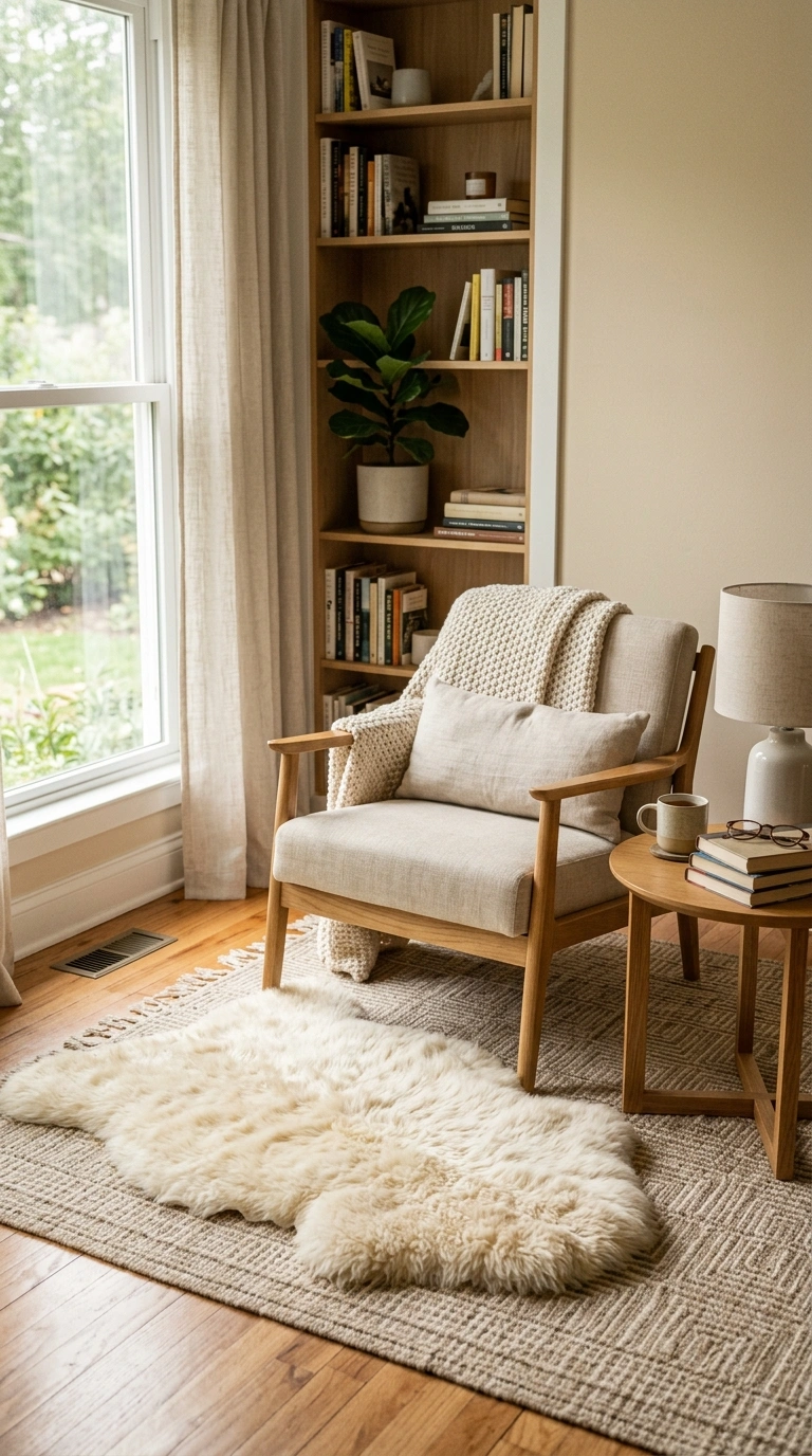 Layering Rugs the Right Way (12 Ideas) 5 004 Sheepskin Accent Layer A reading corner with a fla