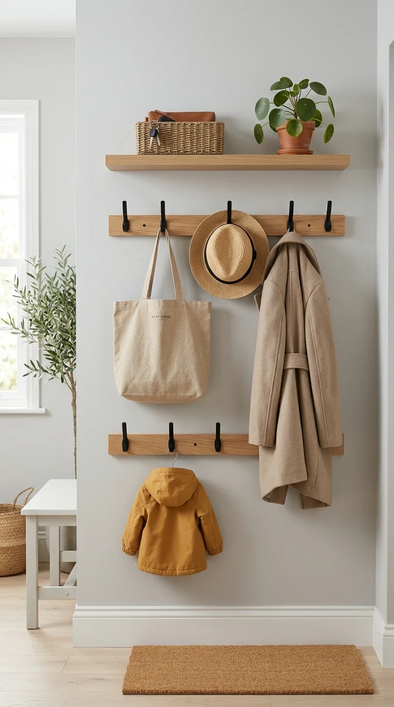 004 Slim Hook Rail A wooden hook rail with five matte