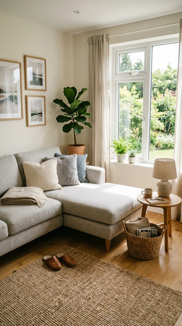 004 Sofa With Chaise A light gray sofa with an attache