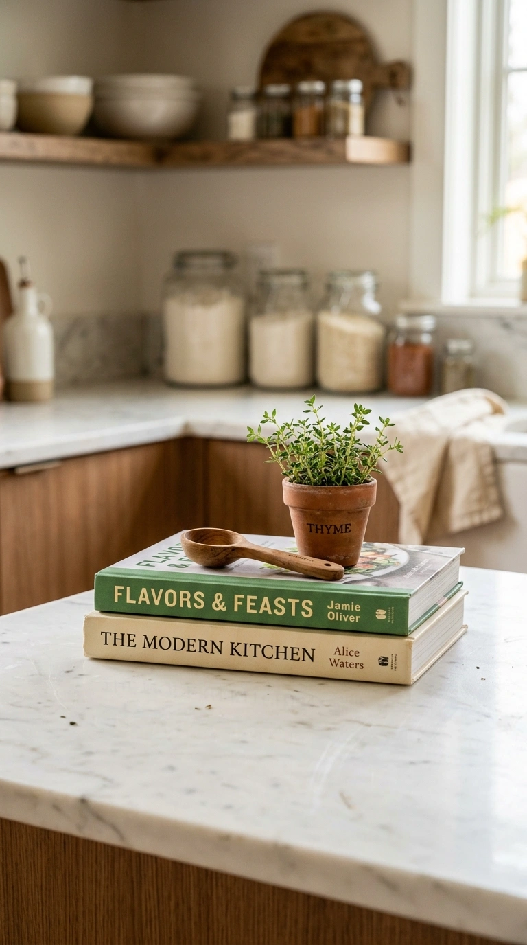 004 Stacked Cookbooks A kitchen island corner with two