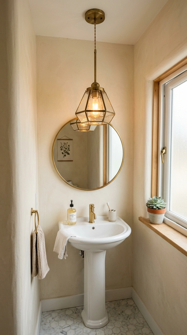 Small Half Bath? Here Are 11 Ideas That Make It Shine 5 004 Statement Light Fixture A small half bathroom with