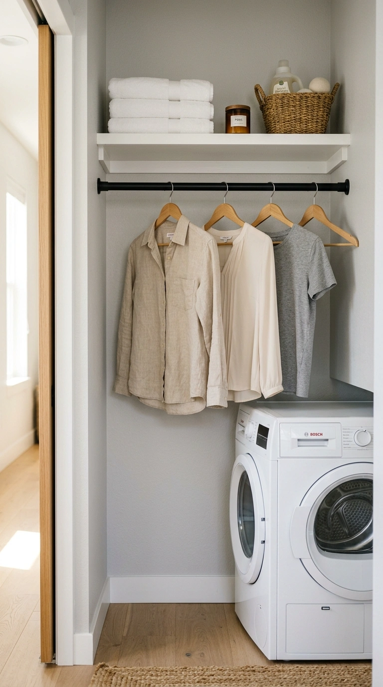Laundry Closet Storage for Tiny Spaces (11 Ideas) 5 004 Tension Rod Bar A small laundry closet with a blac