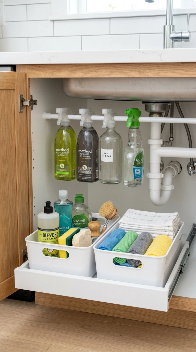 Counter Clutter Gone: 17 Kitchen Organization Ideas 5 004 Under Sink Bins An open under sink kitchen cabinet