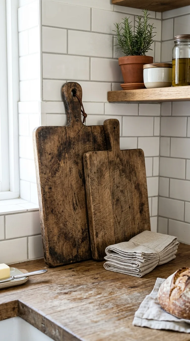 004 Vintage Bread Board Display A kitchen counter with