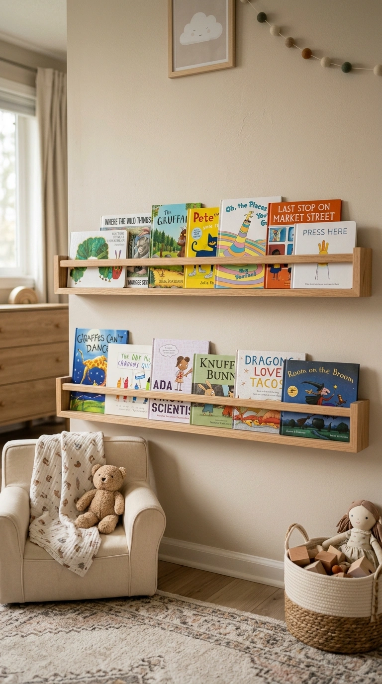 Kids Bedroom Storage That Actually Gets Used (17 Ideas) 5 004 Wall Mounted Bookshelf A kids bedroom with two low