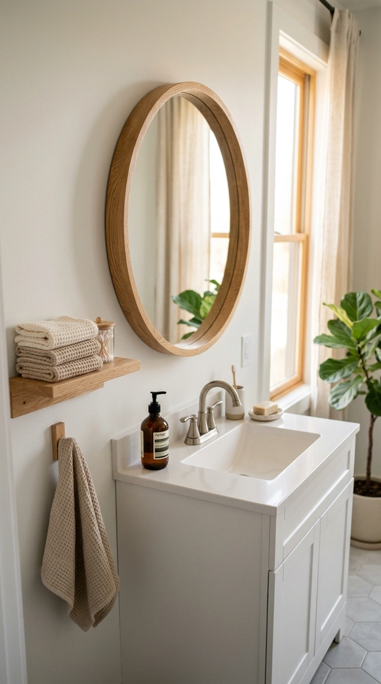 004 Wood Framed Mirror A bathroom vanity with a round