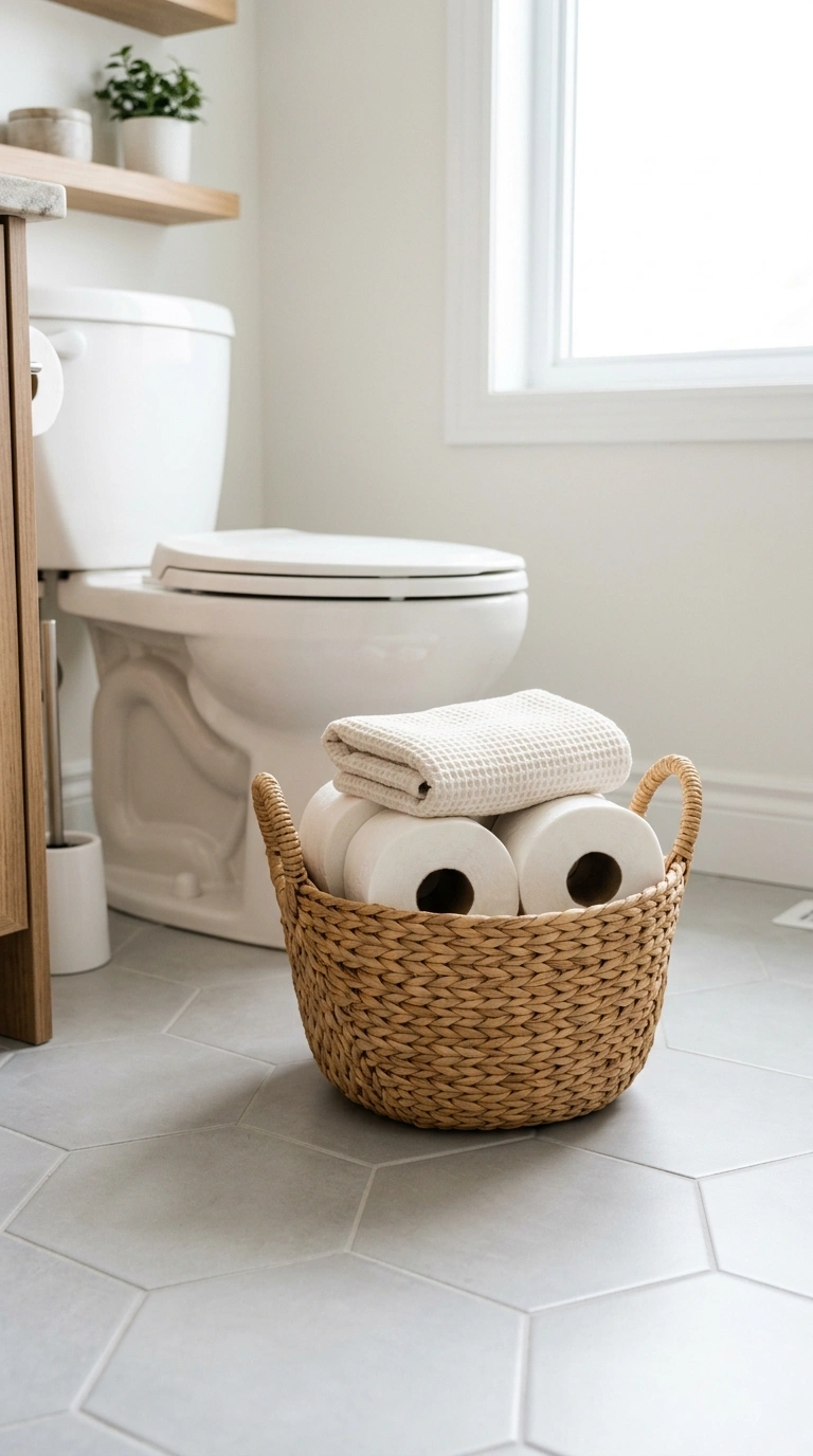 004 Woven Basket Storage A bathroom floor beside the t