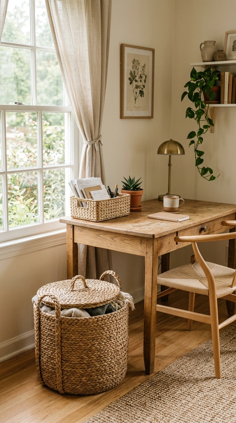004 Woven Basket Storage A wood desk with a small wove