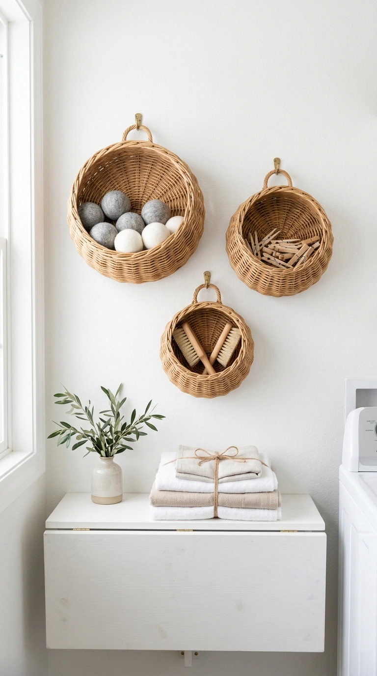 004 Woven Wall Baskets Three round rattan baskets of d