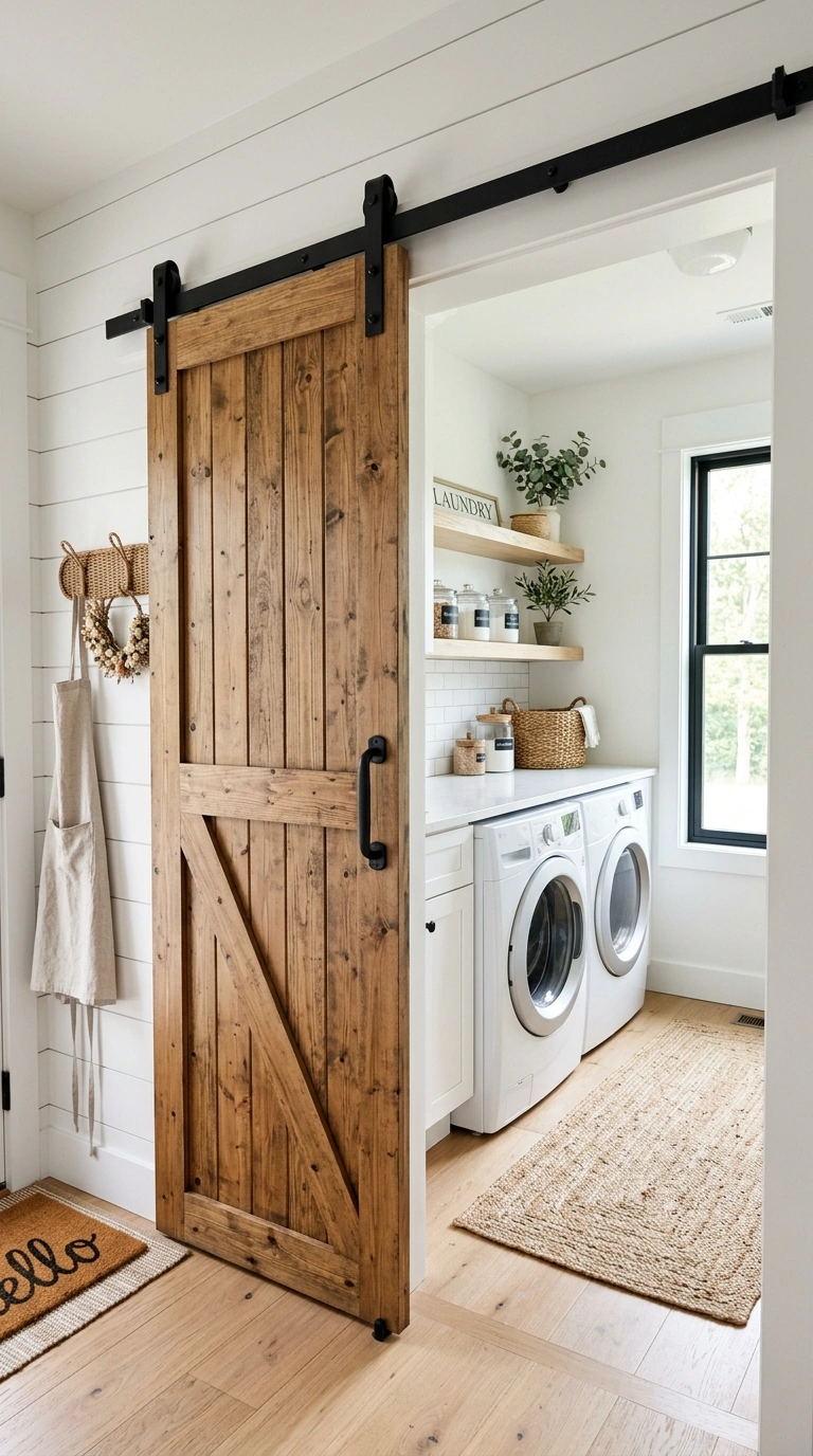 005 Barn Door Entry A sliding wood barn door with blac
