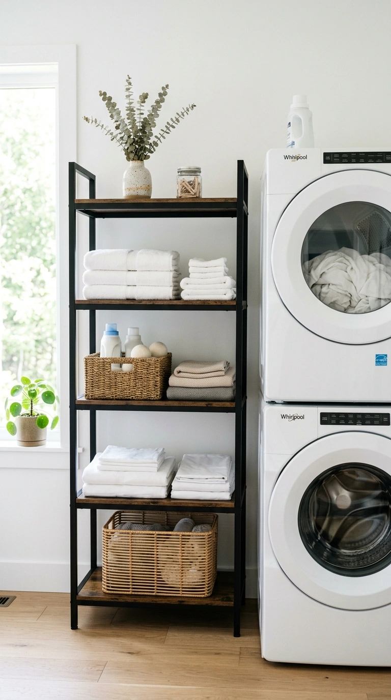 Laundry Shelves Styled Beautifully (13 Ideas) 6 005 Black Metal Shelves A black metal shelving unit wi