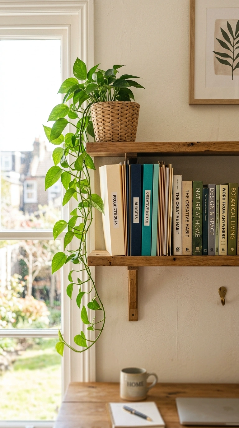 Office Shelf Styling Tips: 12 Easy Ideas 6 005 Bring In A Plant A wooden office shelf with a smal