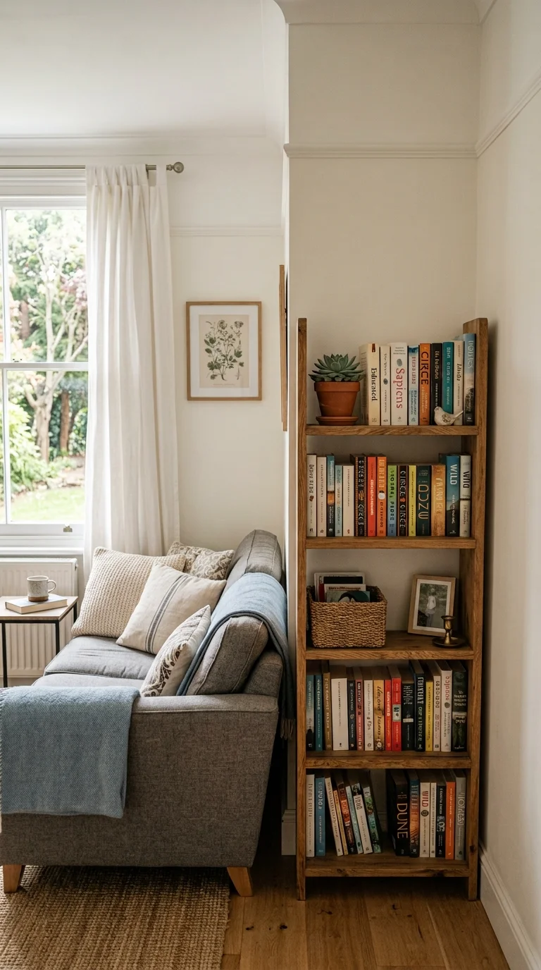 005 Corner Sofa Bookshelf A narrow wood bookshelf posi