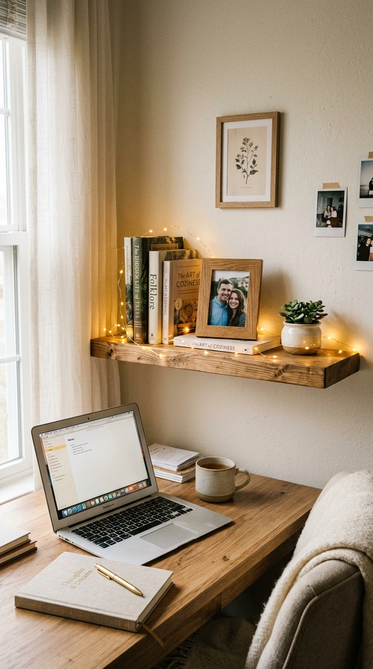 005 Fairy Light Corner A cozy desk corner with warm wh