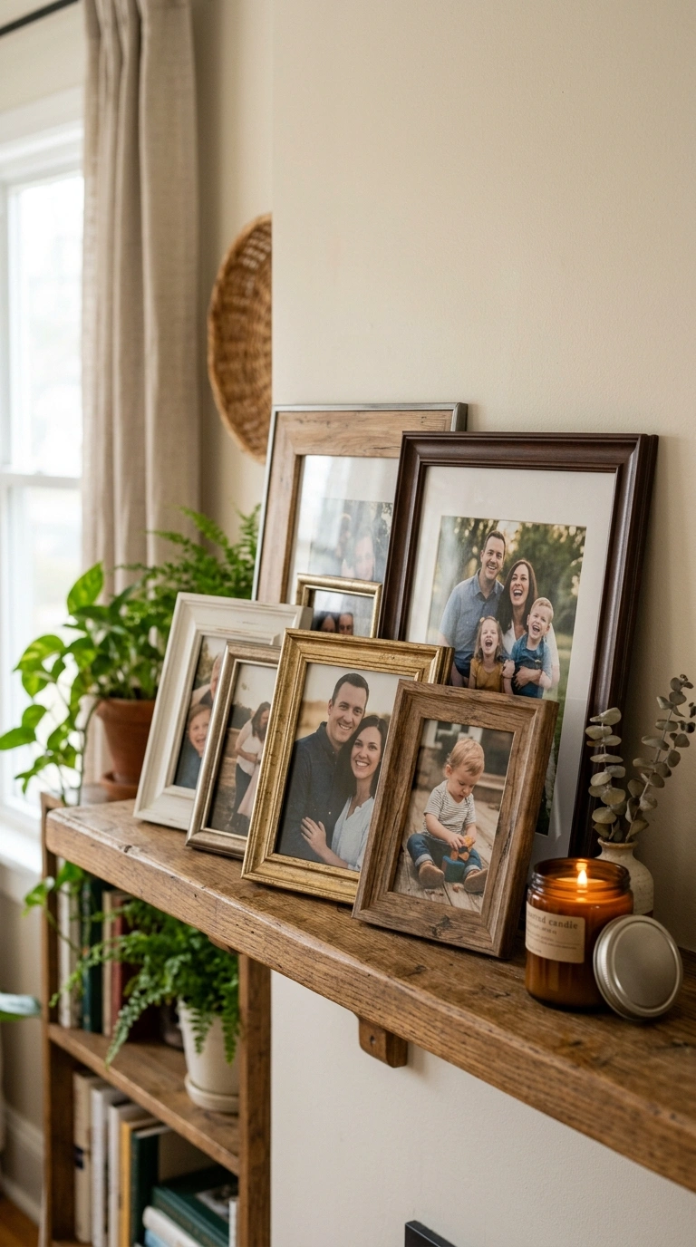 Living Room Shelves Styled Right: 19 Ideas 6 005 Family Photo Corner A wooden shelf in a living roo