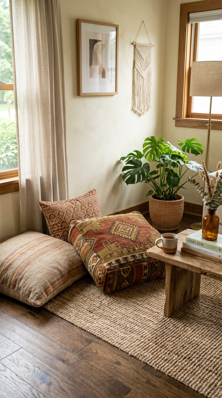 005 Floor Cushions Corner A corner of a living room wi