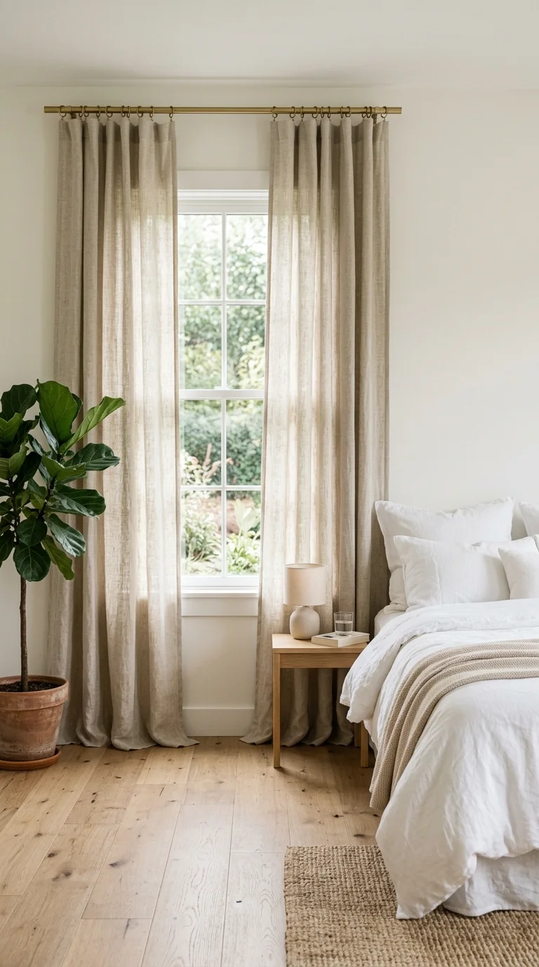 005 Floor Length Linen Curtains A bedroom window with