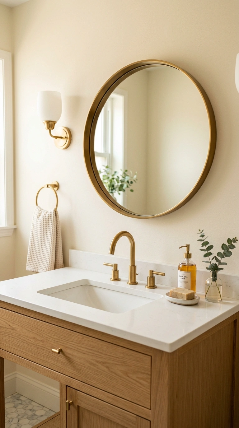 005 Framed Wall Mirror A bathroom vanity with a round