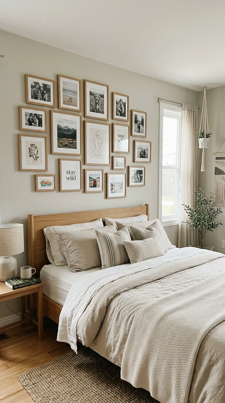 What to Put Above Your Bed: 20 Wall Decor Ideas 6 005 Gallery Photo Wall A bed with a cluster of framed