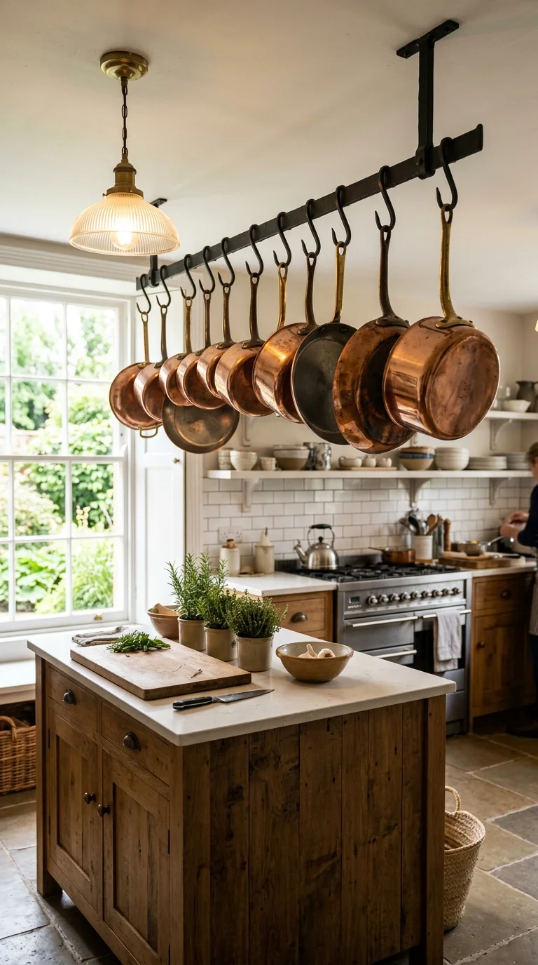005 Hanging Copper Pots A kitchen with a black iron ra