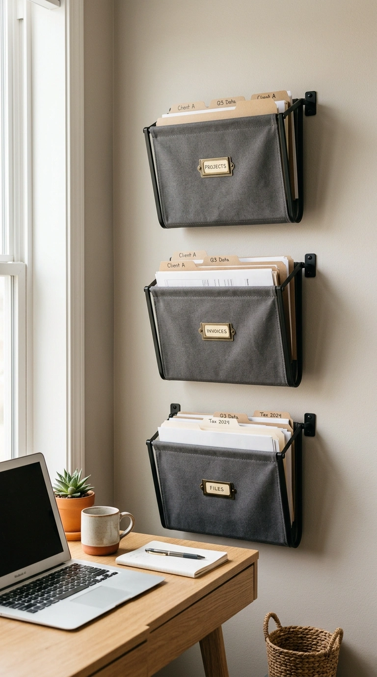 Home Office Storage That Keeps You Sane 6 005 Hanging File Pockets A column of three wall mounte