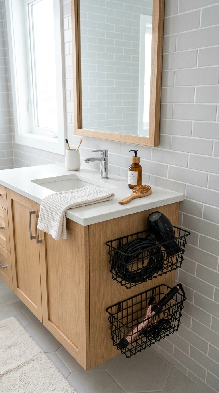 005 Hanging Wire Baskets A bathroom vanity with a blac