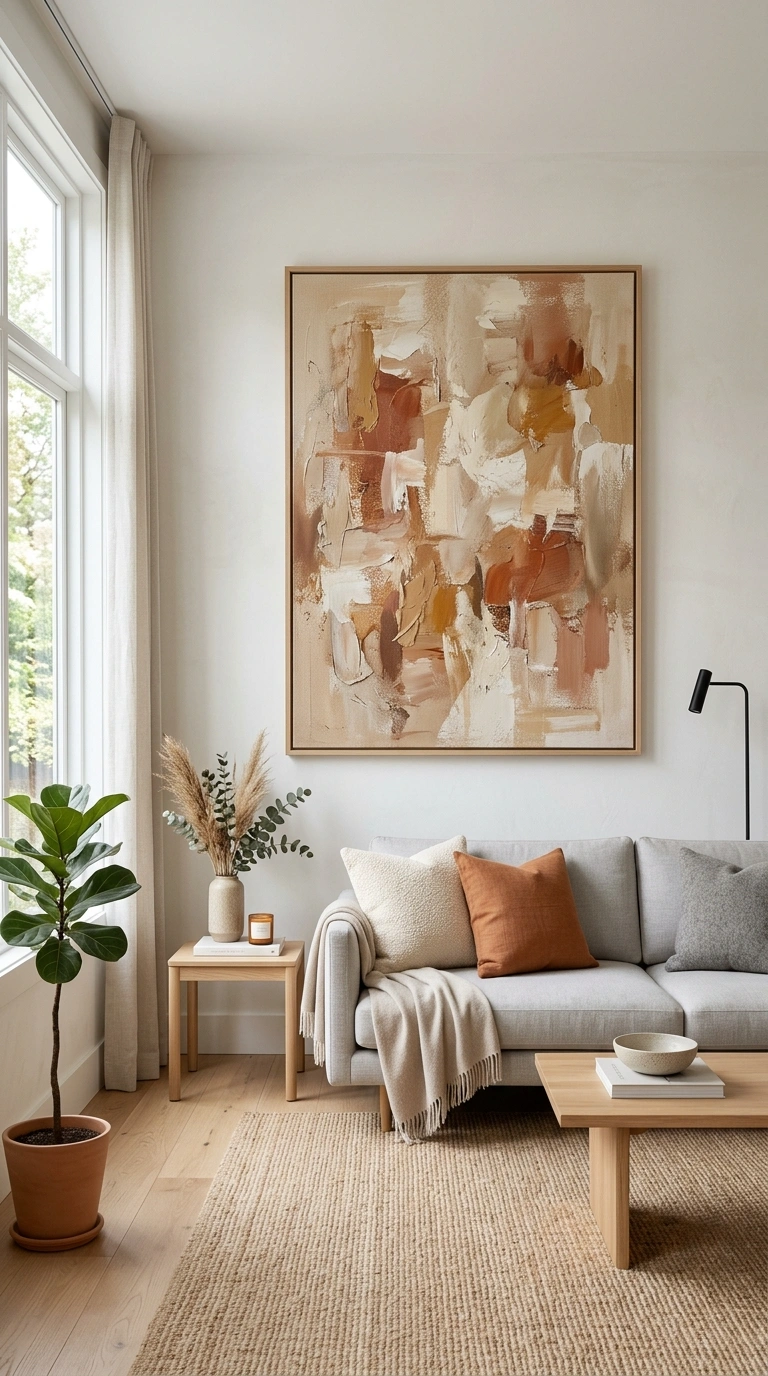 005 Large Abstract Art A neutral living room with one