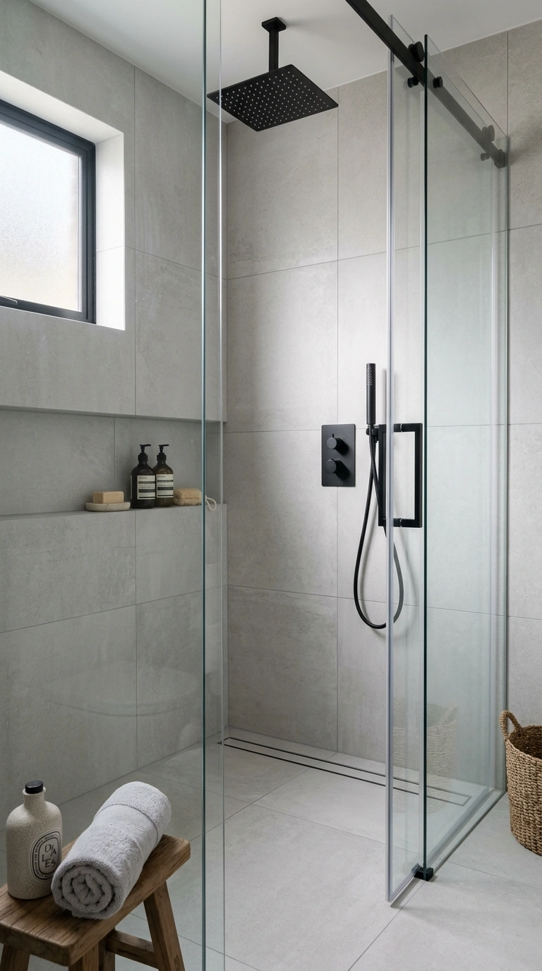 005 Large Format Tile A bathroom shower area with larg