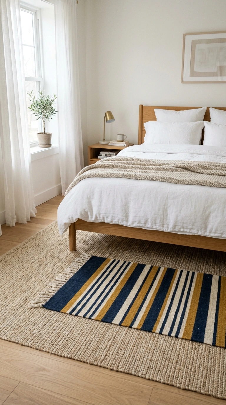 Layering Rugs the Right Way (12 Ideas) 6 005 Layered Rugs in Bedroom A bright bedroom with a la