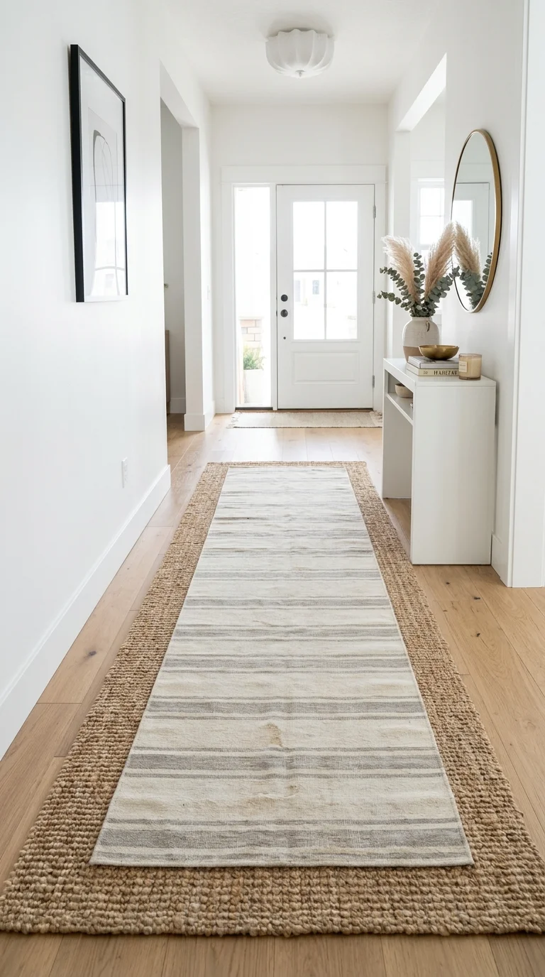 005 Layered Runner Rugs A long hallway entry with a fa