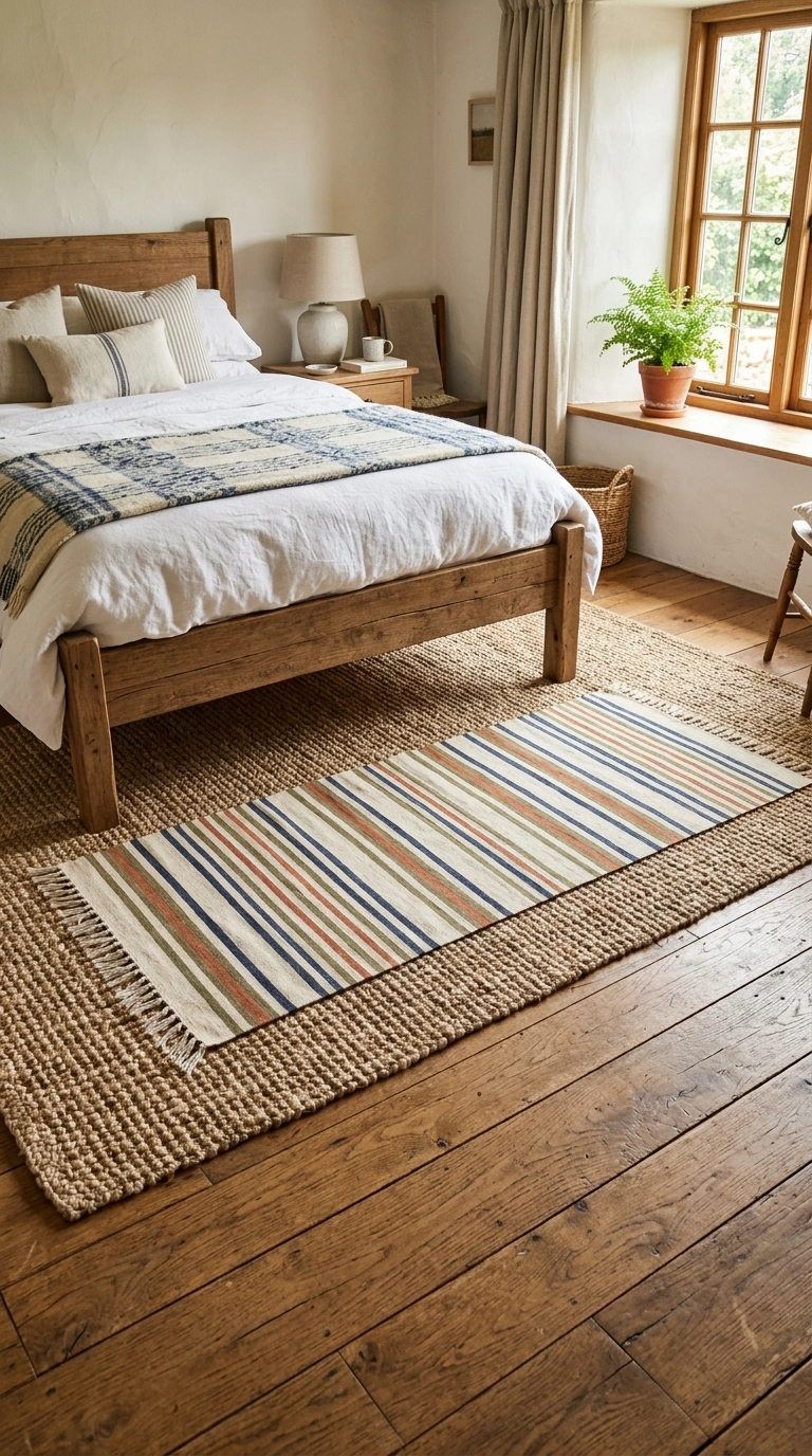 Rustic Bedroom Vibes — 16 Cozy Ideas 6 005 Layered Woven Rug A rustic bedroom floor with a la