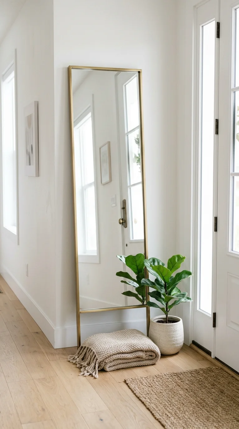 Your Tiny Hallway Deserves This Glow-Up: 20 Ideas to Try 6 005 Leaning Floor Mirror A tall thin framed brass mirr