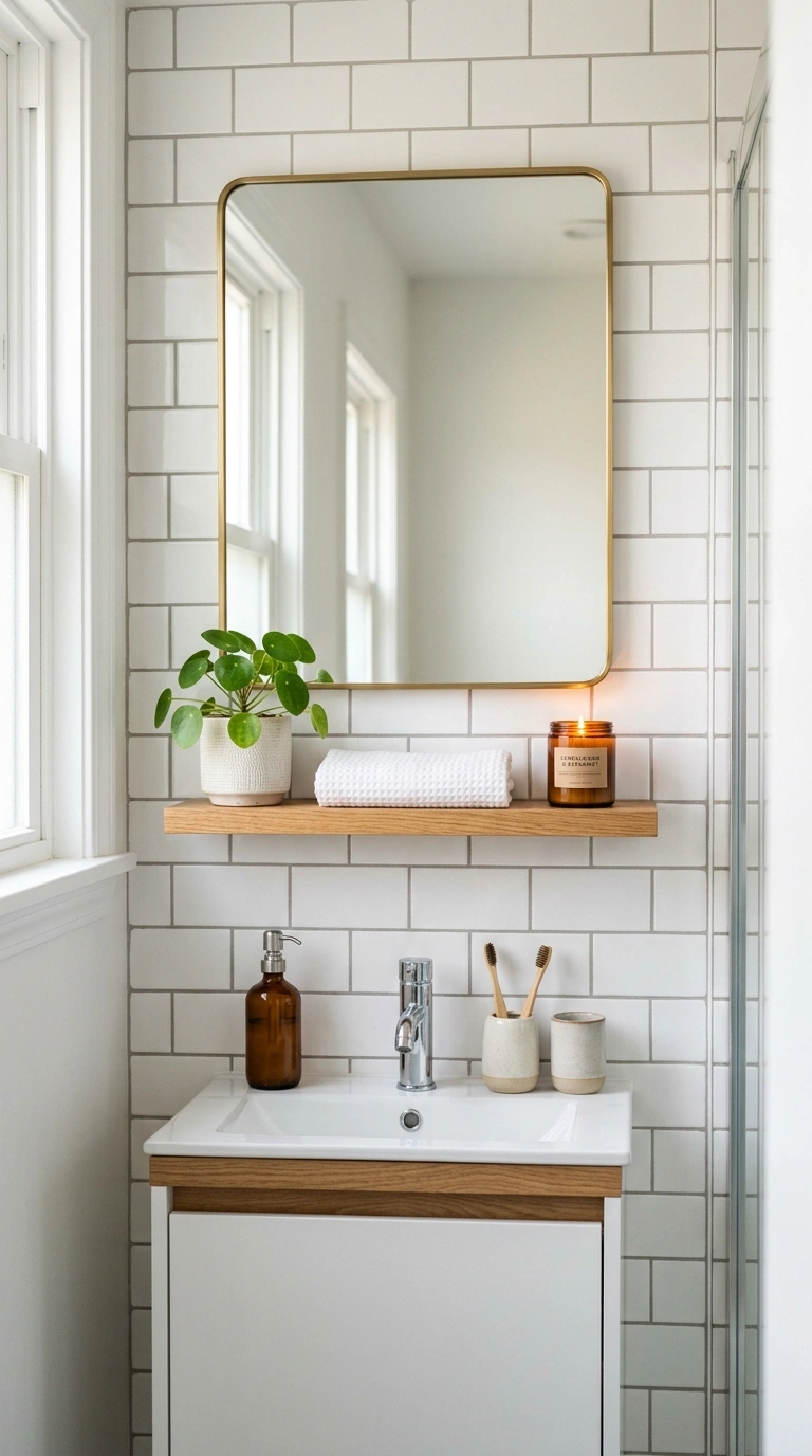 005 Mirror With Shelf A small bathroom vanity with a r