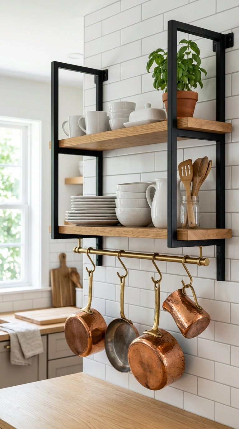 005 Mixed Metal Shelving A black metal shelf frame wit