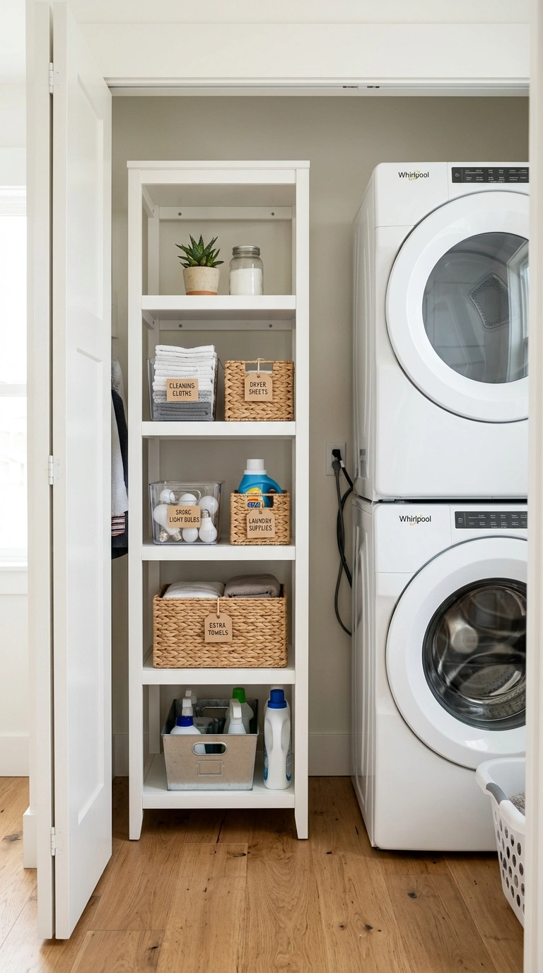 Laundry Closet Storage for Tiny Spaces (11 Ideas) 6 005 Narrow Tower Shelves A slim white five shelf tower