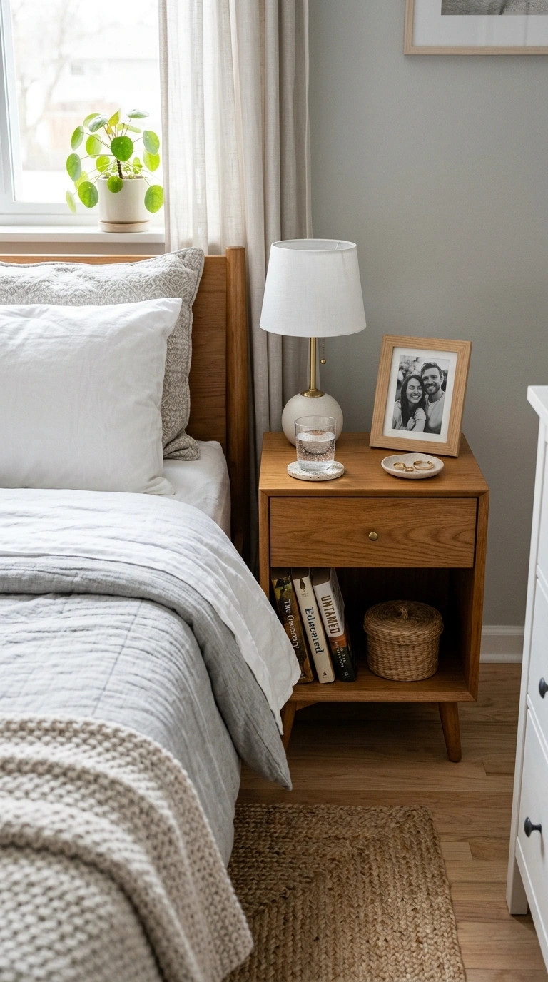 Setting Up a Guest Bedroom? Start Here (13 Essentials) 6 005 Nightstand Storage A wooden nightstand styled with