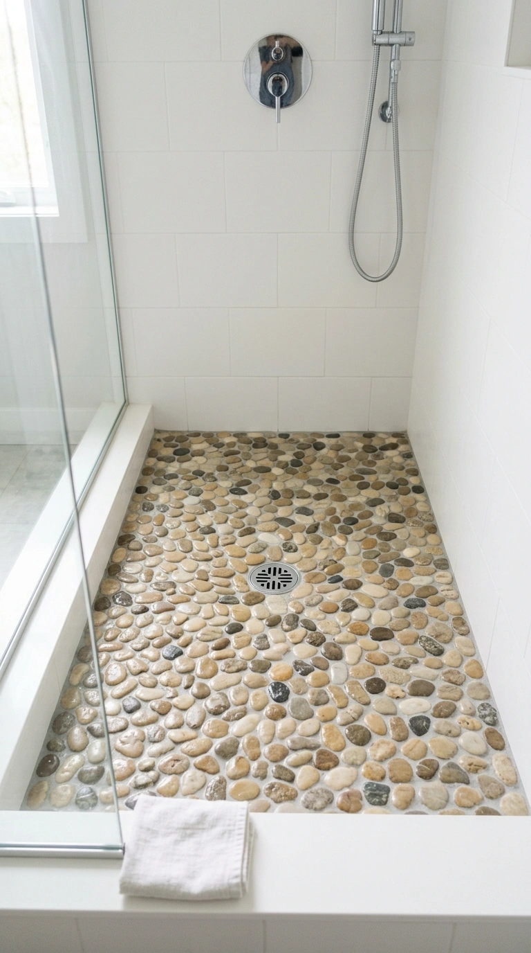 005 Pebble Tile Floor A small shower floor covered in