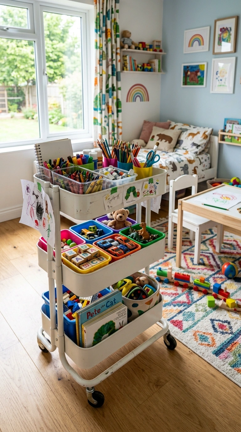 Kids Bedroom Storage That Actually Gets Used (17 Ideas) 6 005 Rolling Toy Cart A kids bedroom with a multi tier