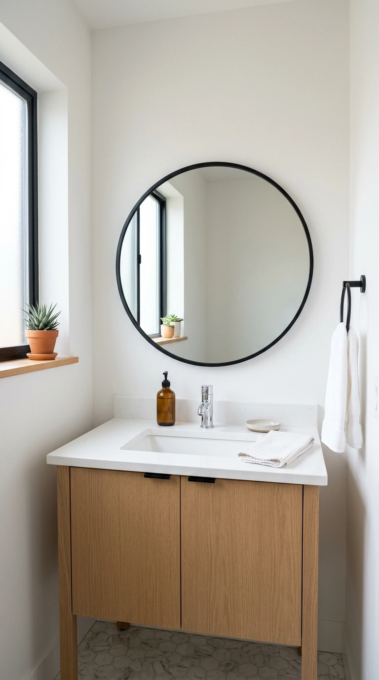 Small Half Bath? Here Are 11 Ideas That Make It Shine 6 005 Round Mirror Focal A small half bathroom with a ro